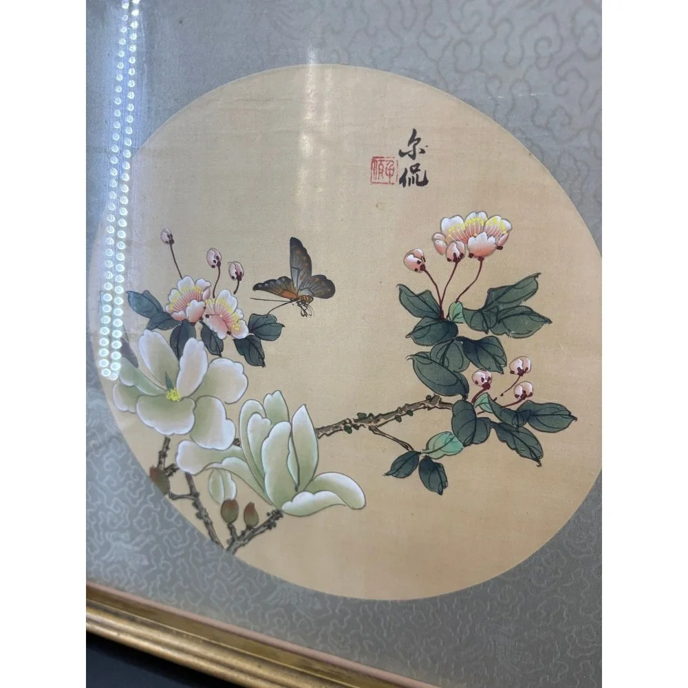 Vintage Chinese Silk Painting Butterfly Magnolia Flowers Gold Frame 13.5x13.5